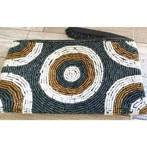 Beaded wristlet wallet zipper Suzani style Grey Gold Zipper NEW Bullseye Pattern